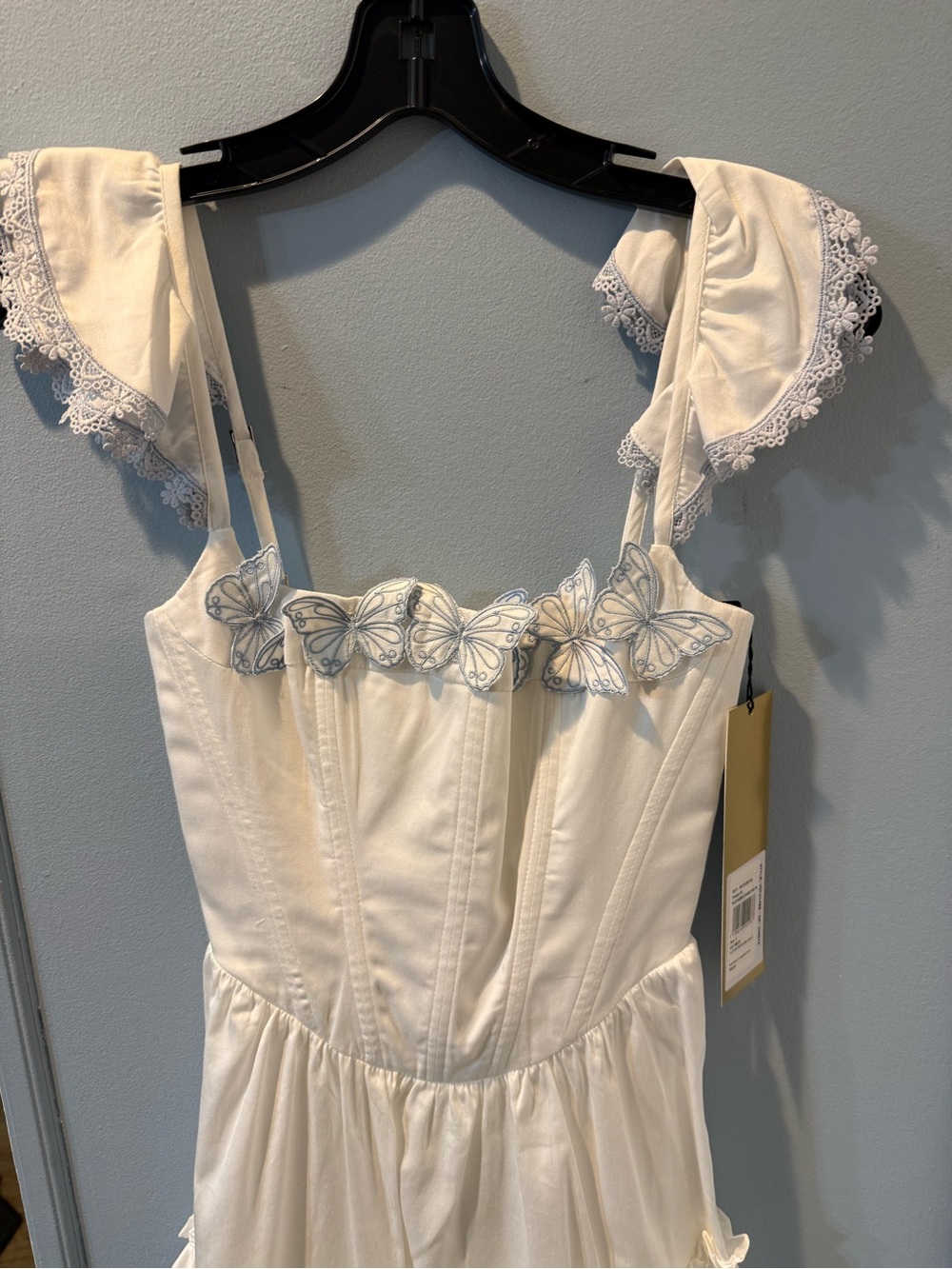 Pat Bo Flutter Poplin White Mini Dress with Light Blue Lace Trim Sz 4 nwt - Picture 6 of 9